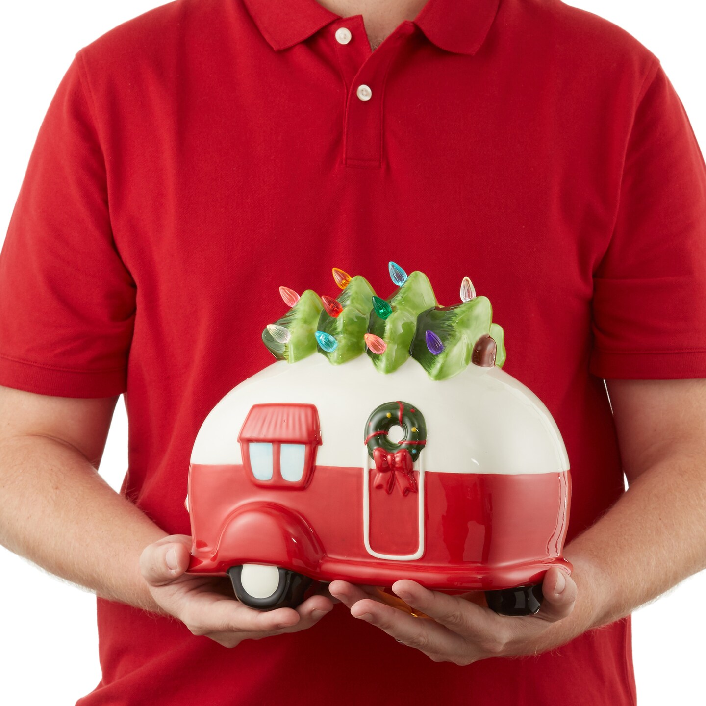 Casafield Hand Painted Ceramic Christmas Camper with Tree, Red and White Pre-Lit RV Trailer with Green Tree and 16 Multi Color Lights