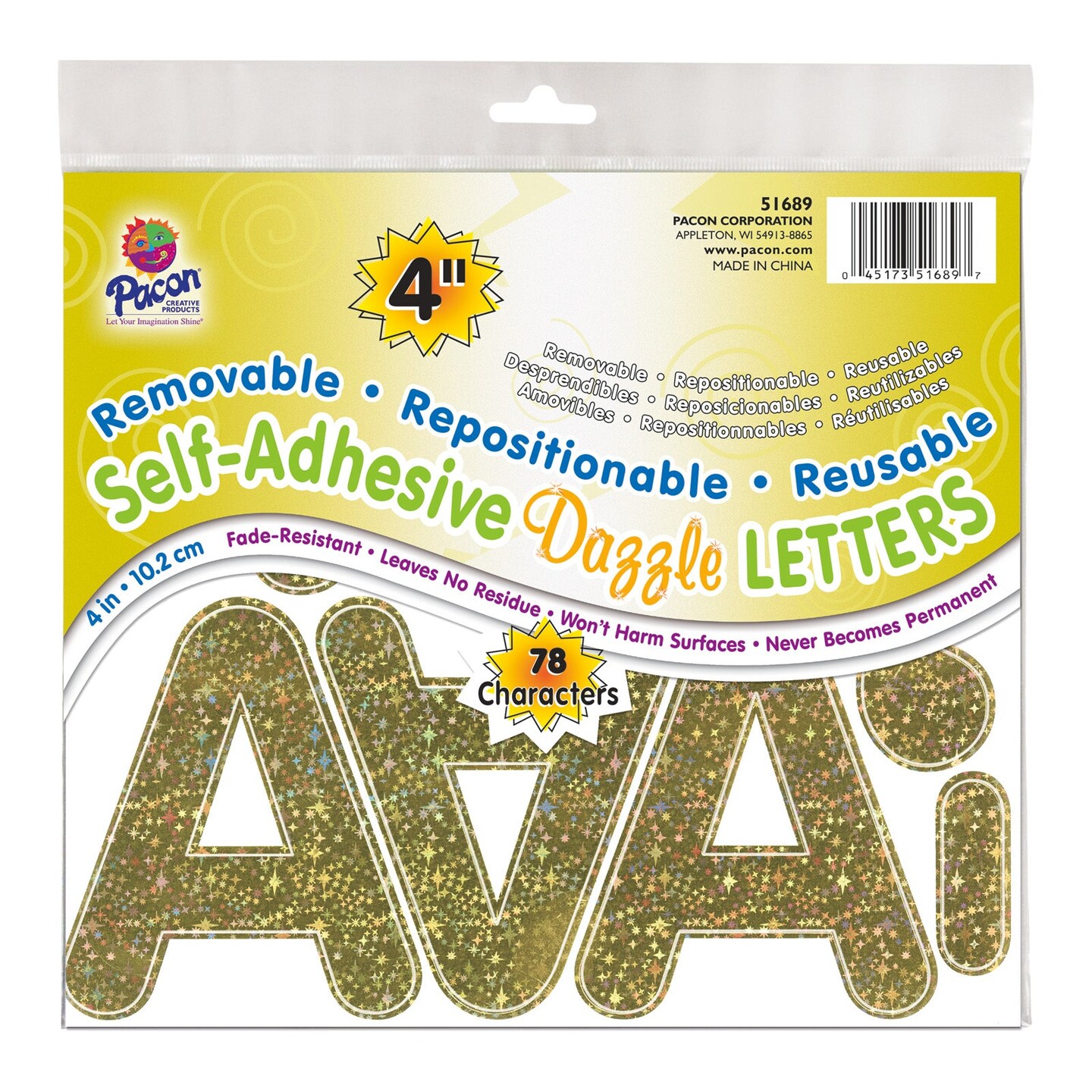 Self-Adhesive Letters, Gold Dazzle, Puffy Font, 4&#x22;, 78 Characters