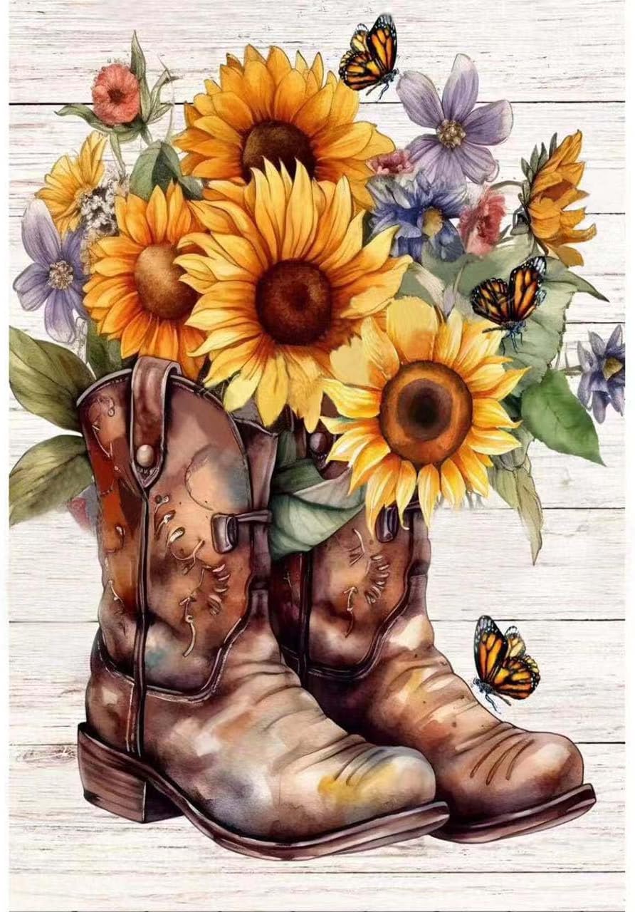 Boot Diamond Painting Kits for Adults, 5D Butterfly Sunflower Flowers Diamond Art Kits for Beginners - DIY Full Drill Diamond Gem Art with Painting Kits for Home Wall Decor 12 x 16 inches