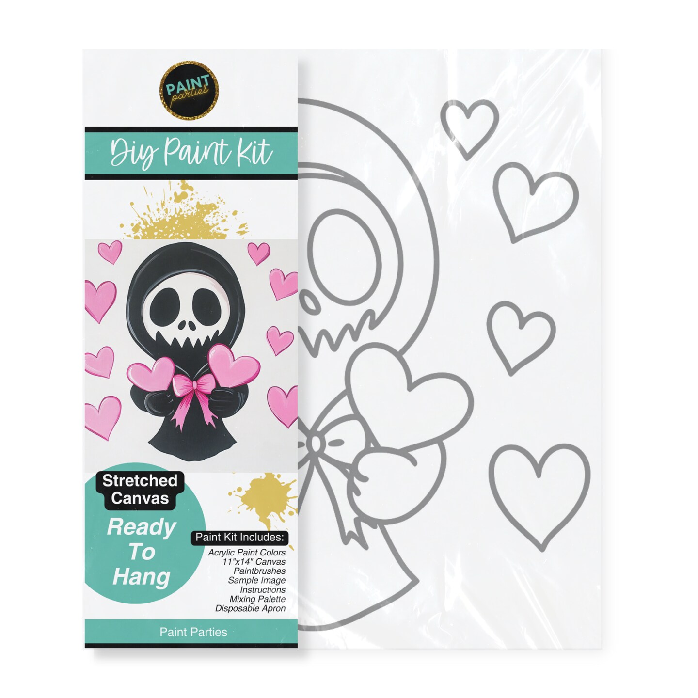 "Skeleton Hearts" Summerween DIY Canvas Art Kit, Adult Beginner, Acrylic Paint Size 11x14 inch
