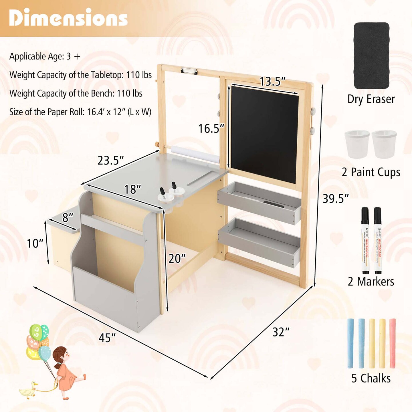 Costway Kids Art Center Wooden Table Bench Set Adjustable Double-Sided Easel Storage