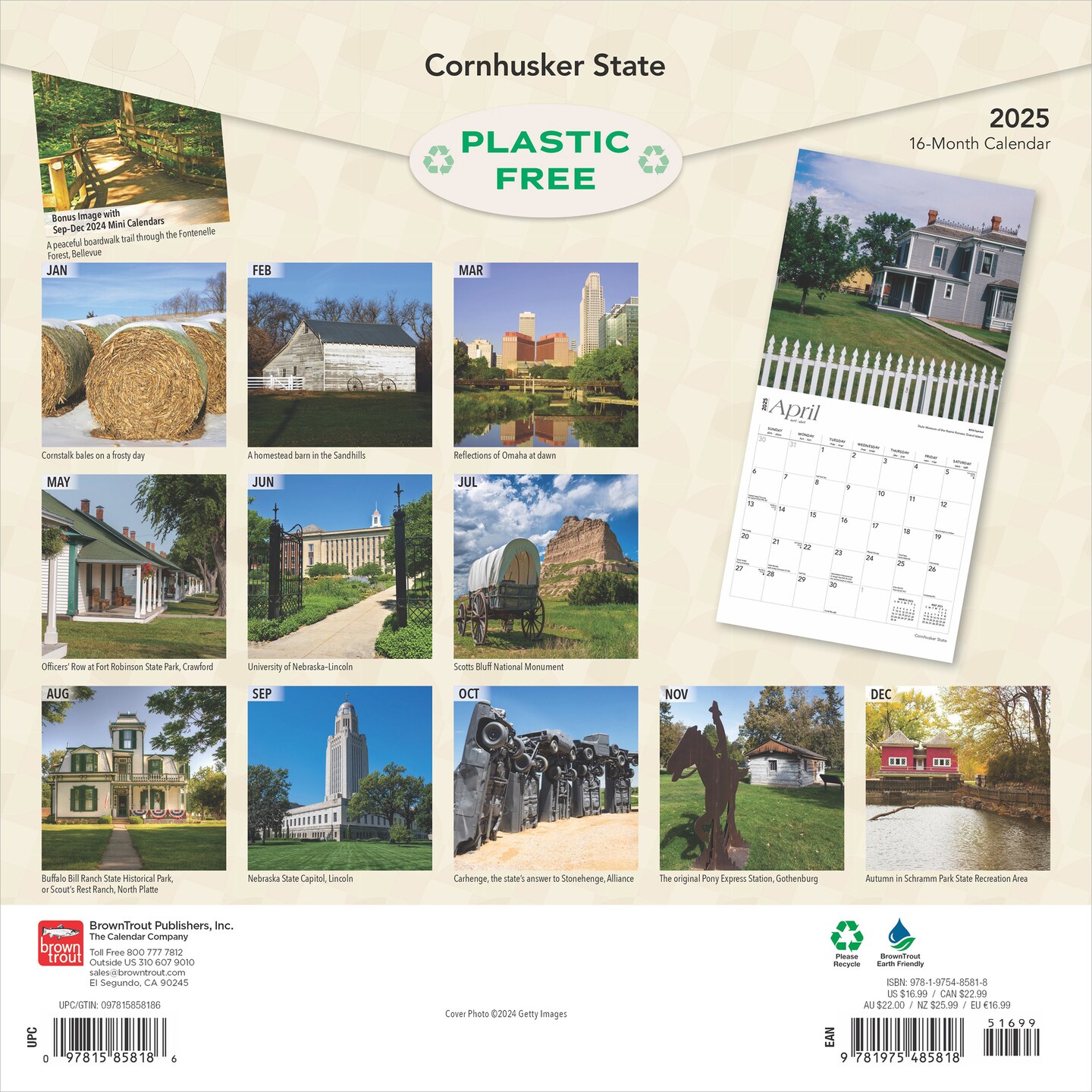 Cornhusker State | Nebraska Places | 2025 12 x 24 Inch Monthly Square Wall Calendar | Plastic-Free | BrownTrout | USA United States of America Midwest State Nature