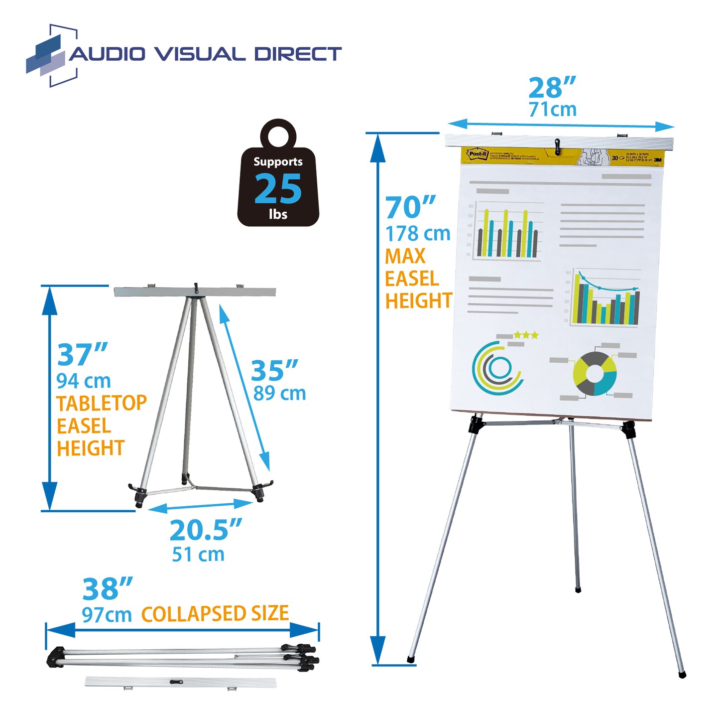 Audio-Visual Direct Lightweight Aluminum Flip-Chart Presentation Easel, 70 Inches, Silver
