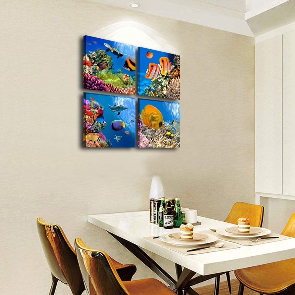 Bathroom Canvas Wall Art Sea Turtle Wall Decor for Living Room Colorful Fish Coral Dolphin Ocean Theme Underwater World Pictures for Bedroom Navy Seascape Artwork Framed Nautical Wall Decor