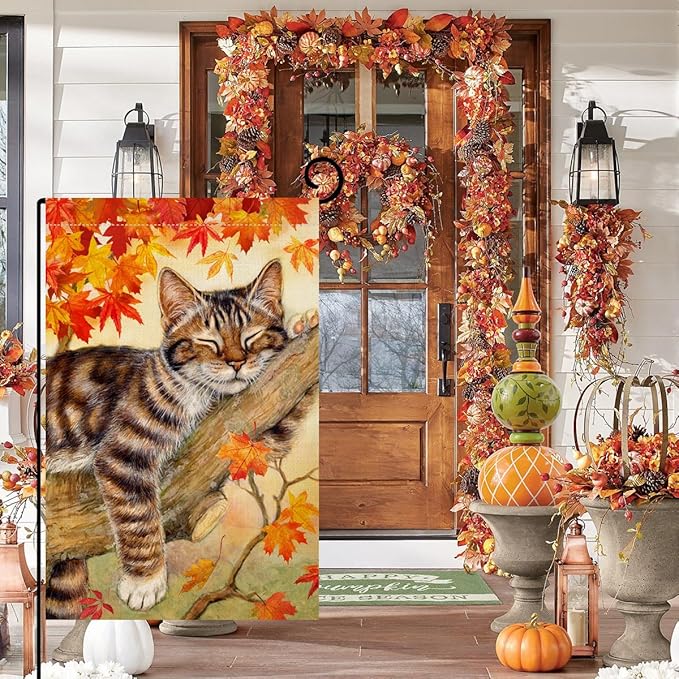 Fall Cat Garden Flag 12x18 Vertical Double Sided Autumn Leaves Thanksgiving Holiday Outdoor Decorations. Burlap Yard Flag, BW699