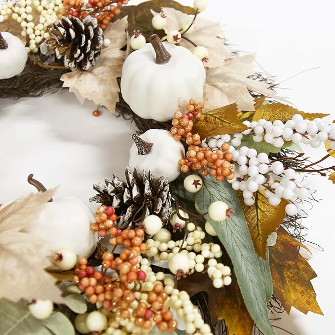 Fall Decor - Fall Wreaths for Front Door - 18&#x22; Autumn Maples Leaf Pumpkin Pine Cone Berry Wreath - Fall Decorations for Thanksgiving and Halloween Farmhouse Harvest Home Outdoor Indoor Window Wall.
