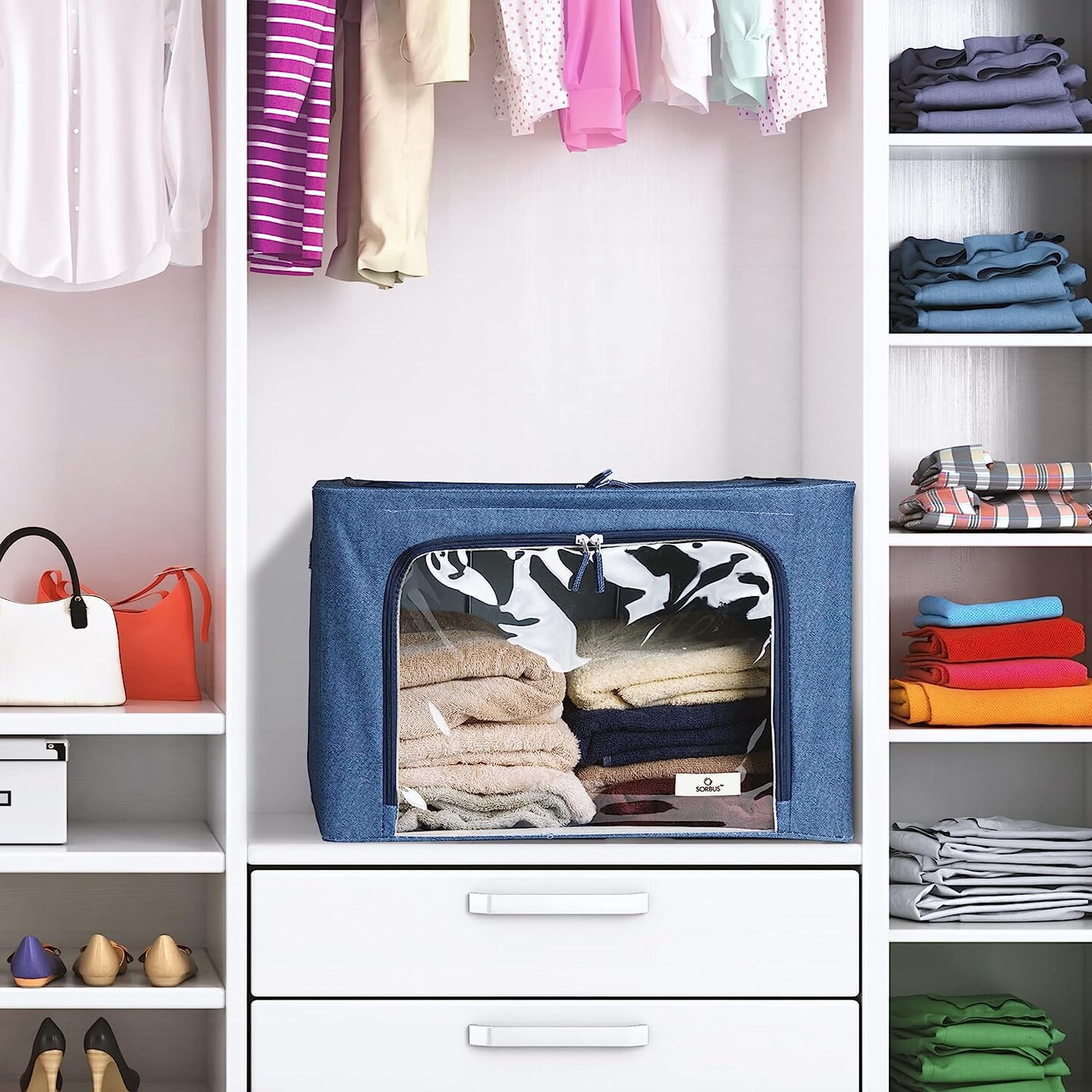 Sorbus 1 Pack Storage Bin with Metal Frame, Stackable Clothes Organizer Bag with Window &#x26; Handles, Organization for Bedding Linen &#x26; Clothing