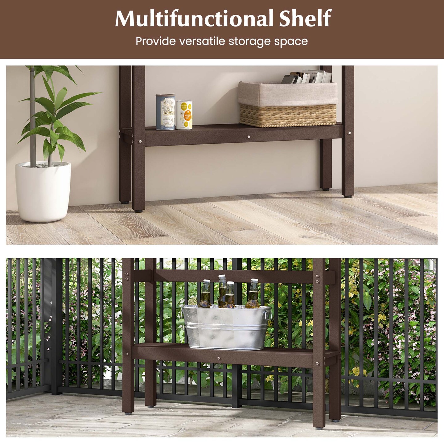 Costway 48&#x22; Outdoor Bar Table with Storage Shelf &#x26; Adjustable Foot Pads for Hot Tub Brown/Gray
