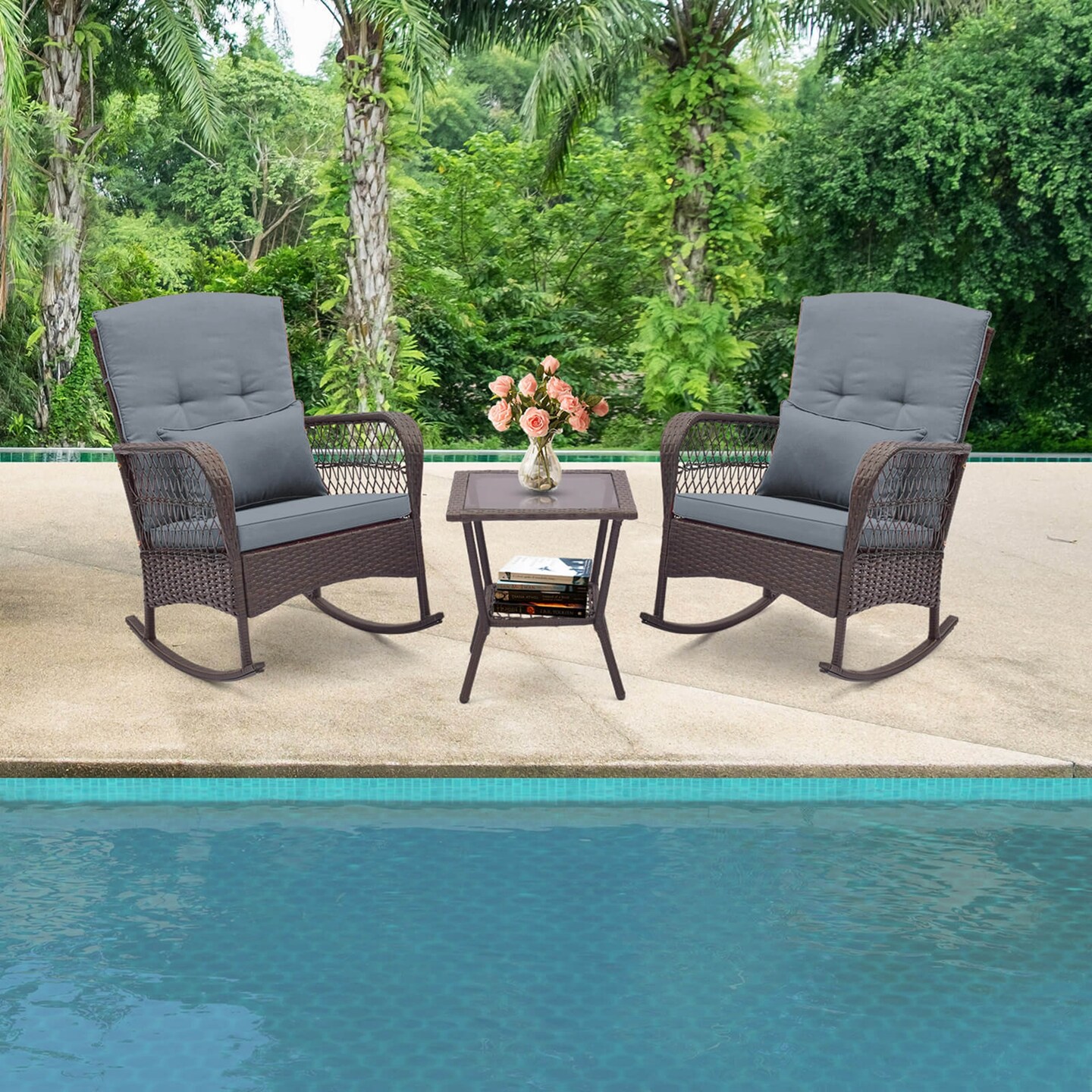 Costway 3 PCS Patio Rocker Set Outdoor Wicker Rocking Chairs with Double-Layer Coffee Table Gray/Navy/Beige/Red