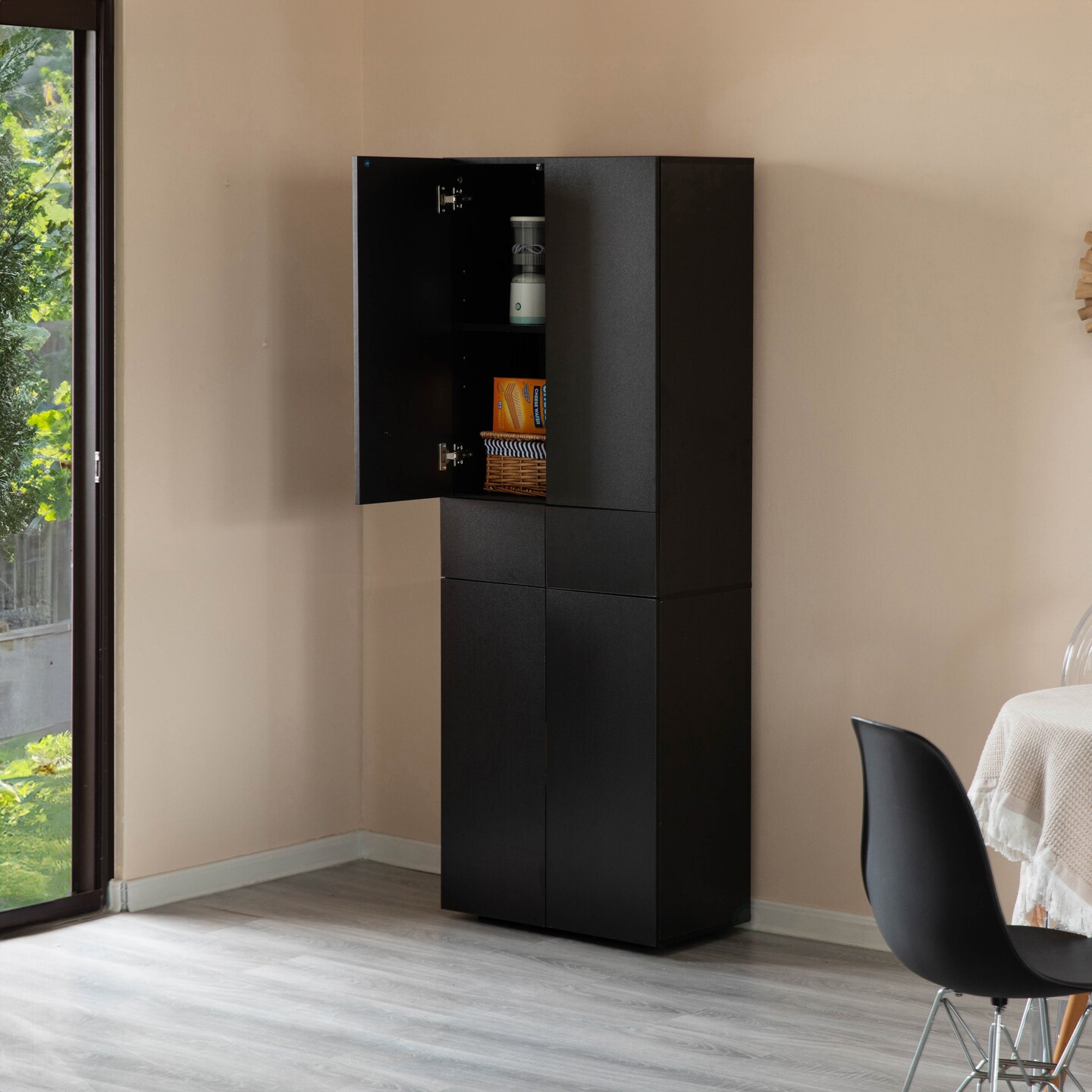 66-Inch Multi-Functional Finish Kitchen Pantry Cabinet with 4 Doors, 3 Adjustable Shelves, 2 Cabinets with 1 Drawer – Elegant Freestanding Farmhouse Storage for Kitchen, Dining and Living Room