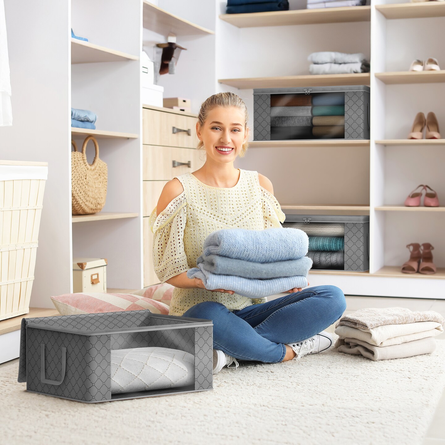 Sorbus Medium Clothes Storage Bags 6 Pack - Foldable Blanket Organizer Bins with Window, Lids, and Handles