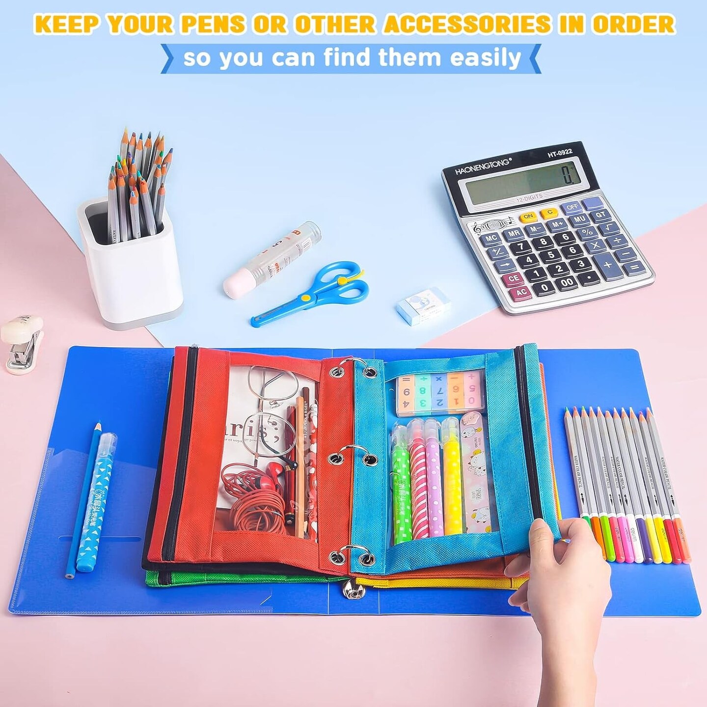 Pencil Pouch for 3 Ring Binder,Bulk,30 Pack in Assorted Colors,Sturdy and Durable Zipper Pencil Case with Clear Window,3-Hole Binder Cloth Pencil Bag for Storing School Office Supplies