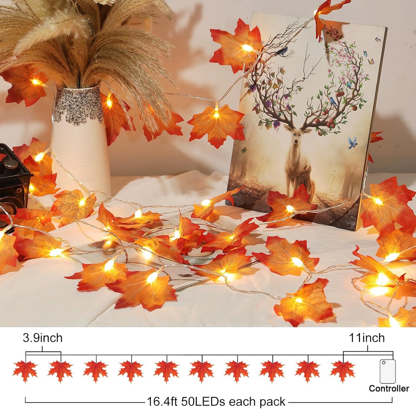 3 Pieces Fall Decorations for Front Door, LED Fall Wreaths, Maple Leaf String Lights, Welcome and Hello Fall Signs Porch Banners, Artificial Pumpkin Pinecone Wreath, for Thanksgiving Home Decor