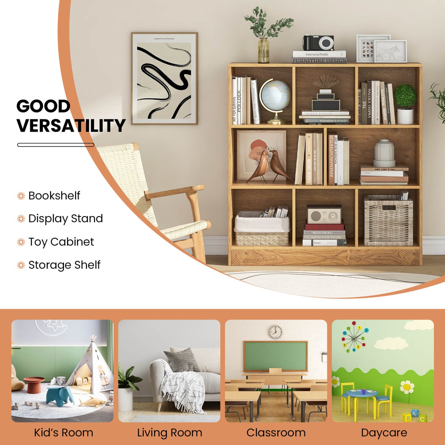 Costway 8-Cube Bookcase 41&#x22; Wooden Toy Storage Organizer for Kids Bookshelf Natural/White