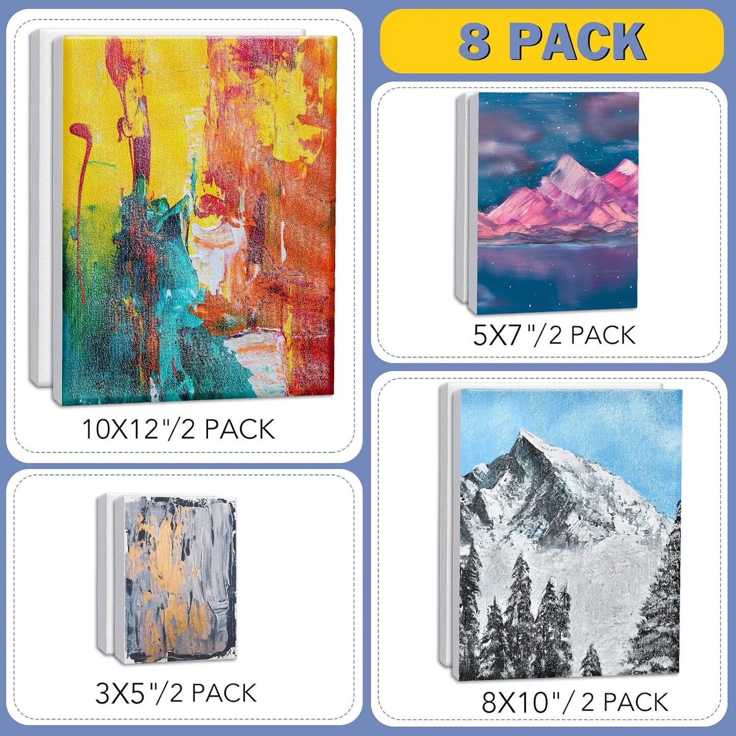 Stretched canvases for painting 8PCS Multi Pack Canvas (3×5", 5×7", 8×10", 10×12"), Acid-Free Wood Frame Blank Canvas, Art Canvas Pre-Primed for Acrylic, Oil, and Tempera Paintings.