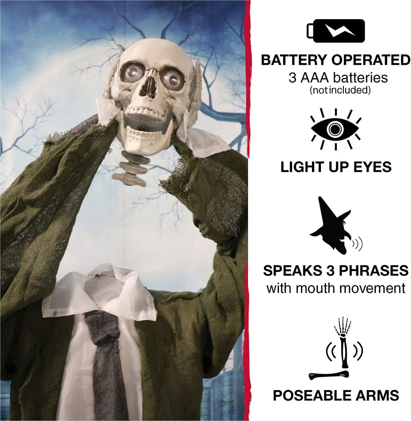 Life-Size Animatronic Scary Talking Headless Skeleton with Touch Activated Lights and Sound, Battery-Operated Indoor or Covered Outdoor Halloween Decoration
