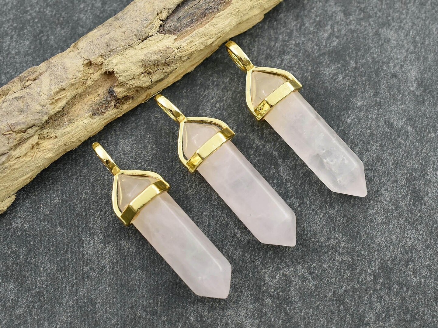 40mm Gold Tone Plated Brass Capped Natural Rose Quartz Double Terminated Bullet Pendant