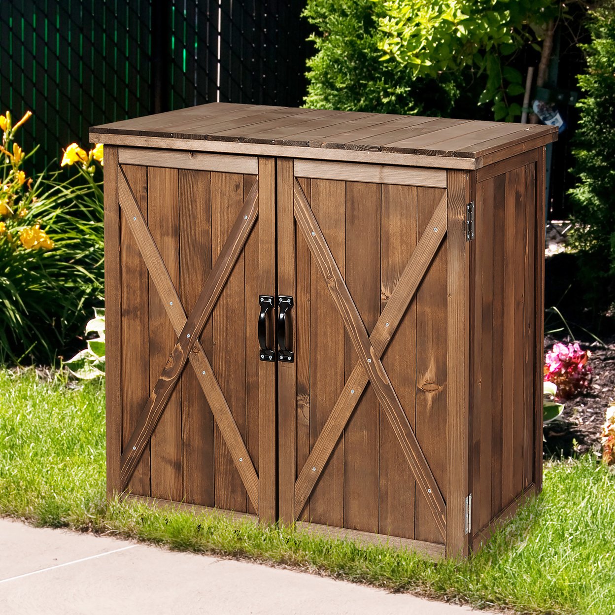 Storage Cabinet With Double Doors Solid Fir Wood Tool Shed Garden Organizer