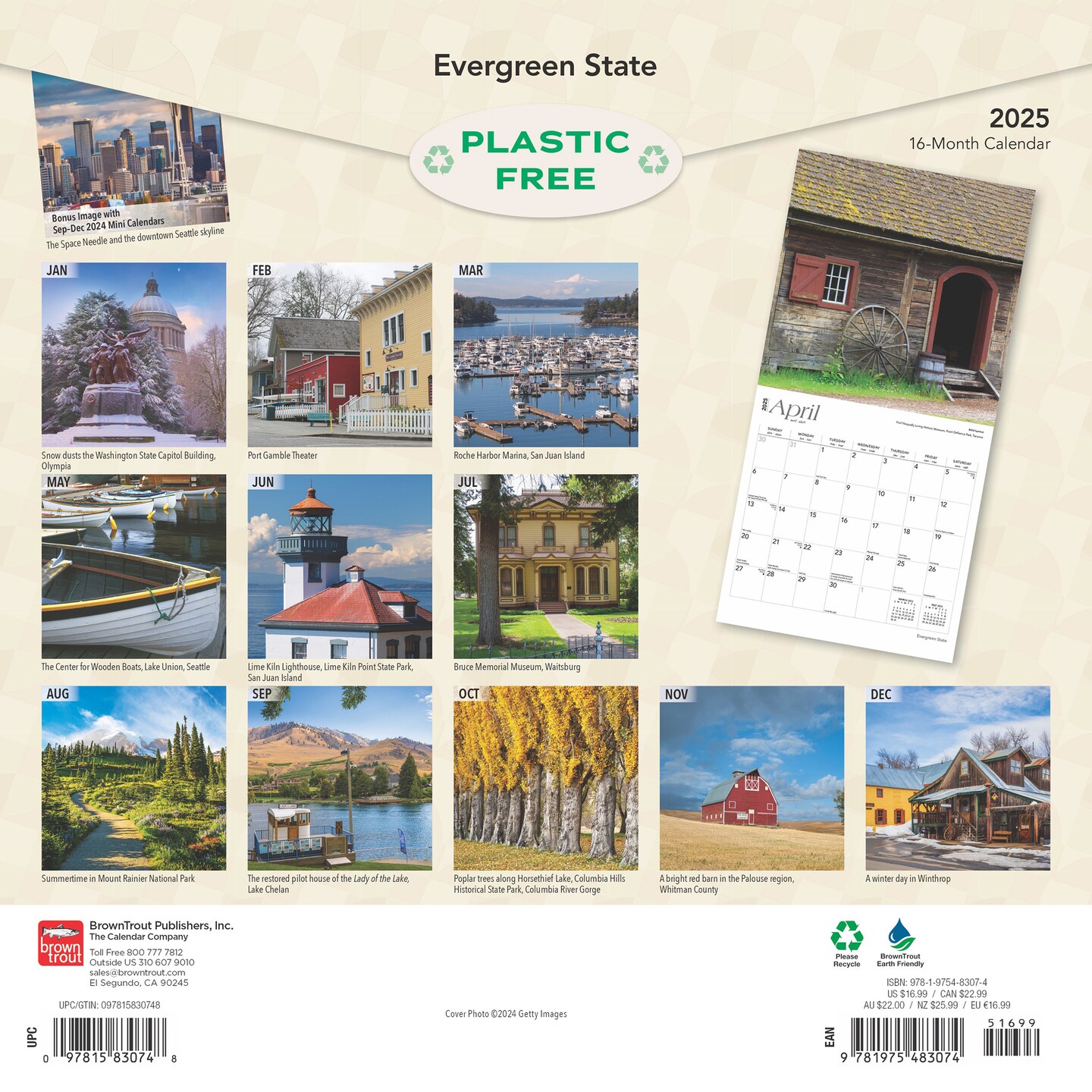 Evergreen State | Washington Places | 2025 12 x 24 Inch Monthly Square Wall Calendar | Plastic-Free | BrownTrout | USA United States of America Pacific West Coast State Nature