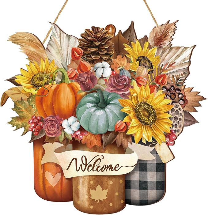 Fall Welcome Door Sign Pumpkin Hanging Door Decor Thanksgiving Wooden Sign Autumn Door Decoration Pumpkin Maple Leaf Door Hanger for Outdoor Farmhouse Porch Front Door (Bright Pattern)