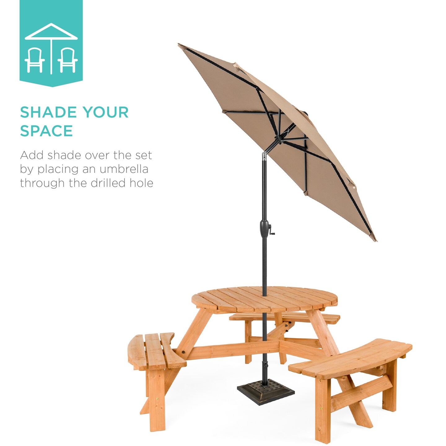 Best Choice Products 6-Person Circular Outdoor Wooden Picnic Table w/ 3 Built-In Benches, Umbrella Hole