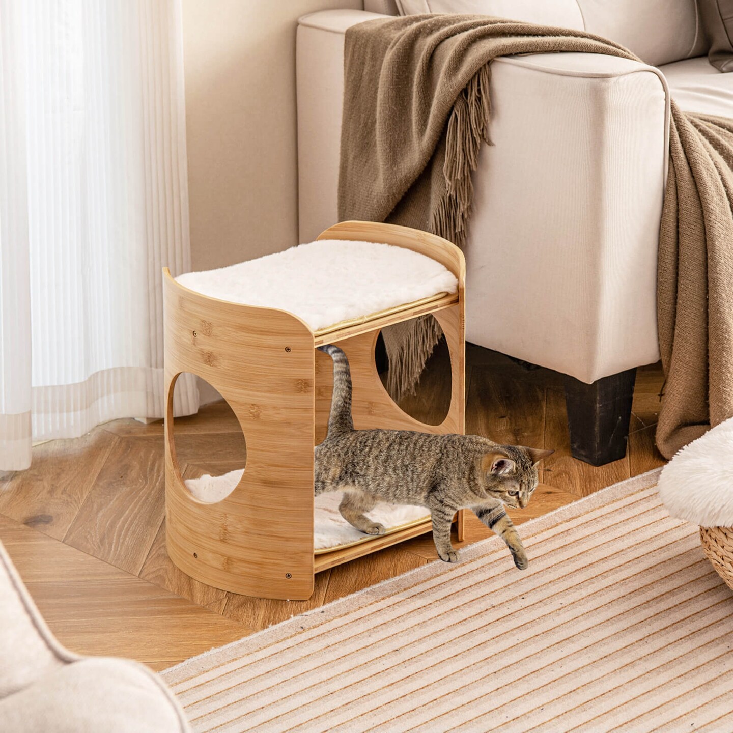Costway 2-tier Cat Tower for Indoor Cats with Double Beds Removable & Washable Cushions
