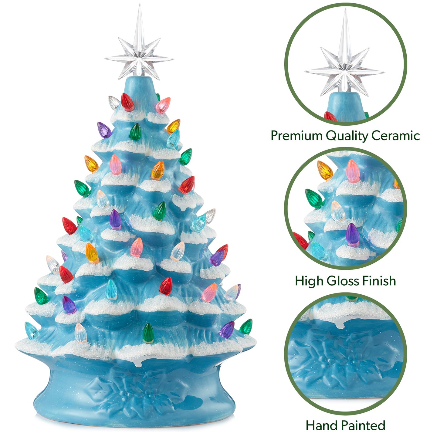 Casafield Hand Painted Ceramic Christmas Tree, Blue Snow Flocked  15-Inch Pre-Lit Tree with 128 Multi Color Lights and 2 Star Toppers