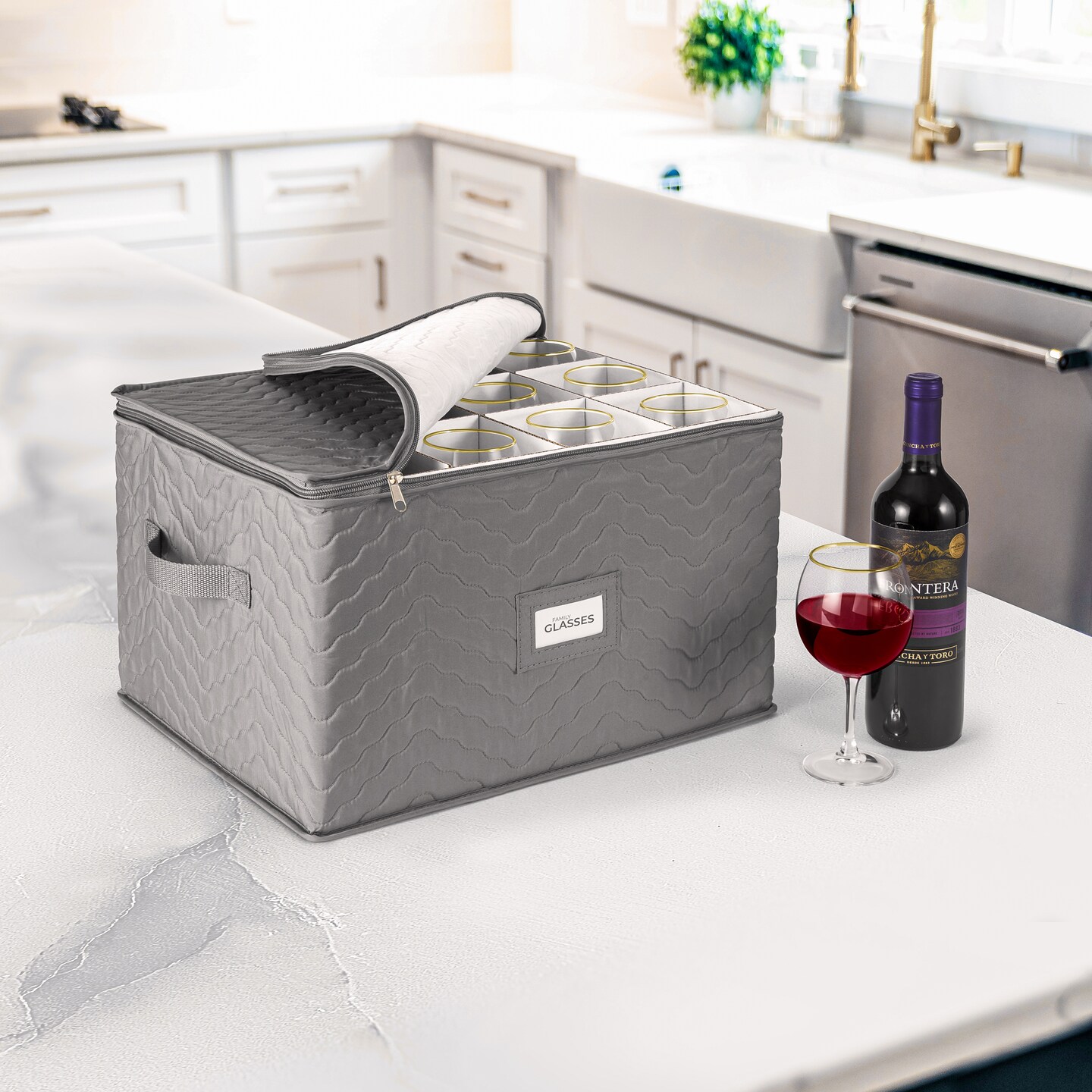 Sorbus Stemware Storage Cases (Quilted) Wine Glass Storage Box Case with Dividers and Handle for Glassware, Flutes, and Goblets