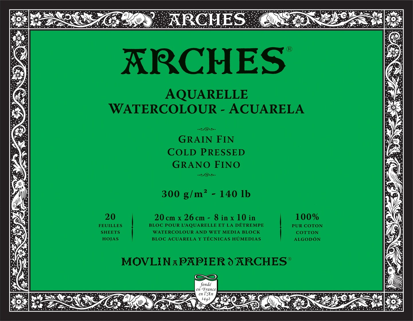 Arches Aquarelle Cold Pressed Watercolor Block 8&#x22;X10&#x22;- 140lb, 20 Sheets