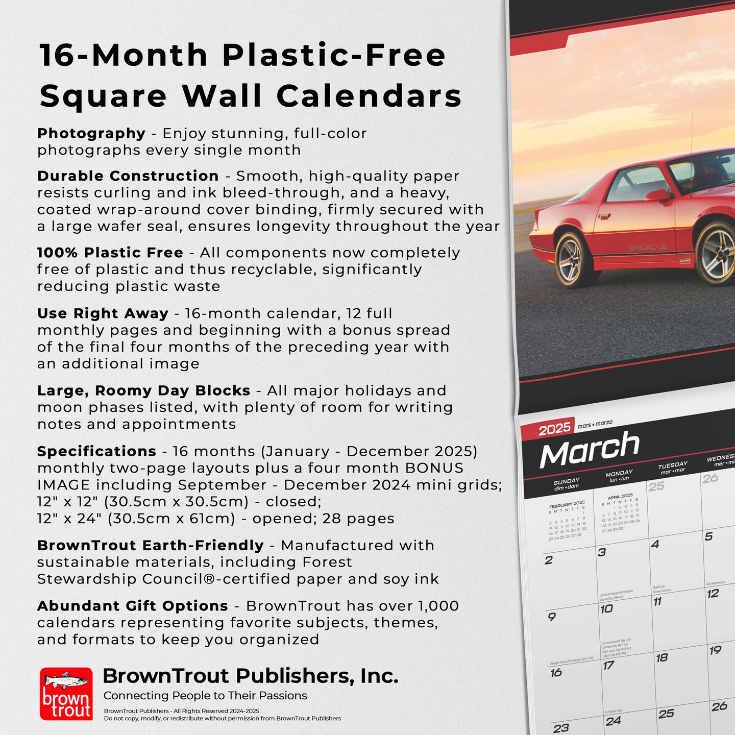 Camaro OFFICIAL | 2025 12 x 24 Inch Monthly Square Wall Calendar | Plastic-Free | BrownTrout | Chevrolet Motor Muscle Car