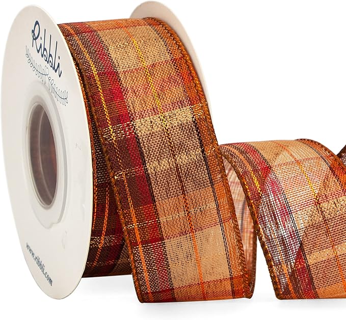 Fall Burlap Wired Ribbon with Gold Foil, 1.5 Inch x 10 Yard, Plaid Ribbon, Check Ribbon for Big Bow, Fall Wreath, and Gift Wrapping, Copper/Burgundy/Brown