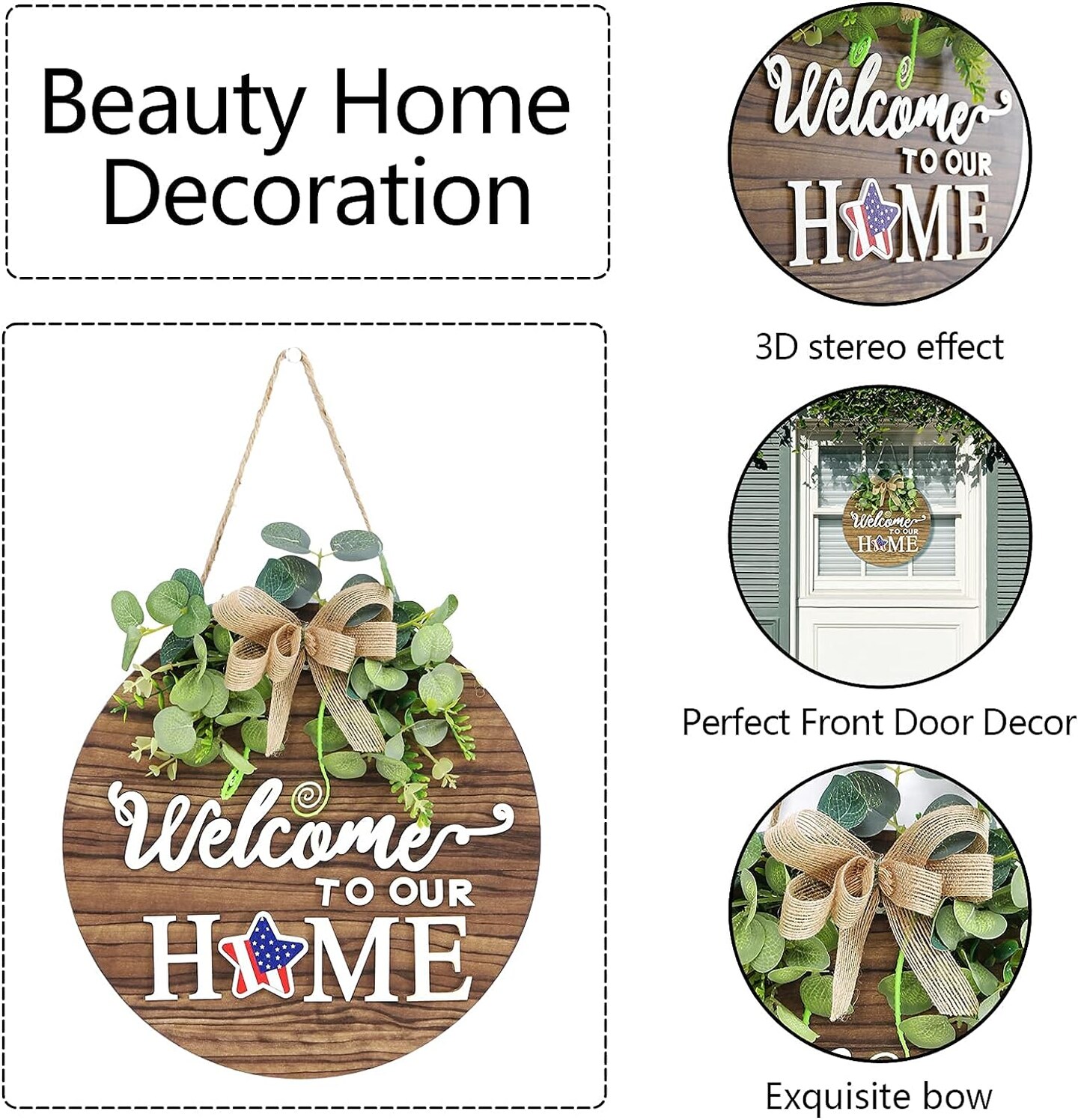 Interchangeable Seasonal Welcome Sign Front Door Decoration, Rustic Round Wood Wreaths Wall Hanging Outdoor, Farmhouse, Porch, for Spring, Summer, Fall, Halloween, and Christmas.