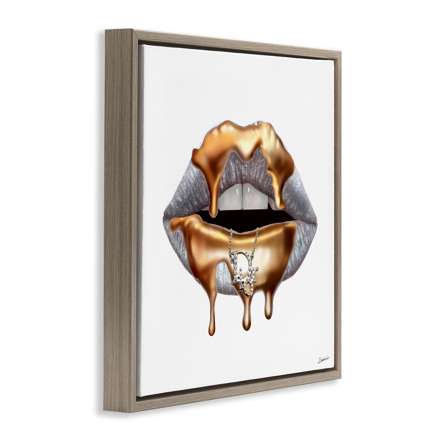 Stupell Industries Glam Silver Lip Gold Drip Framed Floater Canvas Wall Art