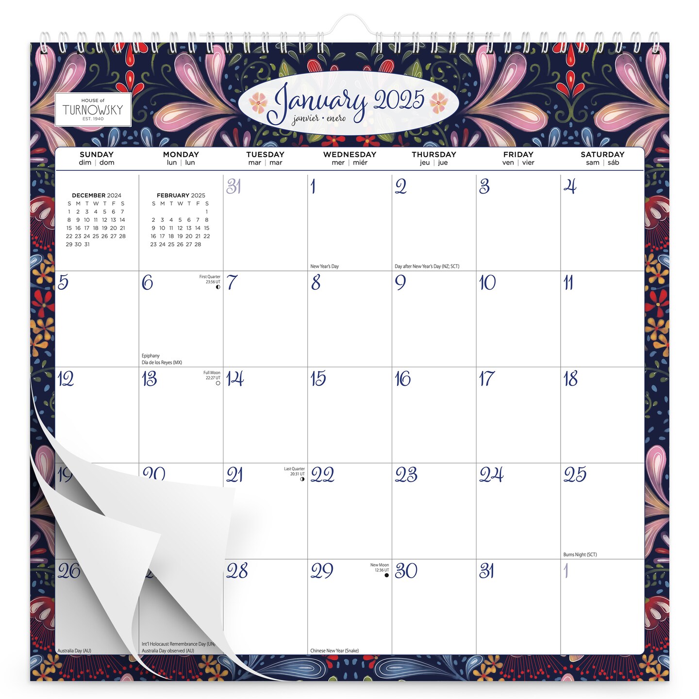 House of Turnowsky OFFICIAL | 2025 12 x 12 Inch Monthly Square Wire-O Calendar | Sticker Sheet | BrownTrout | Stationery Elegant Exclusive