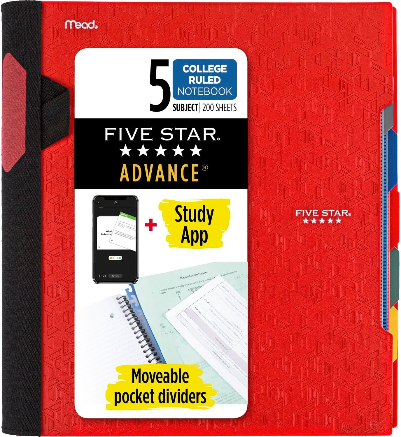 Spiral Notebook + Study App, 5 Subject, College Ruled Paper, Advance Notebook with Spiral Guard, Movable Tabbed Dividers and Expanding Pockets, 8-1/2&#x22; X 11&#x22;, 200 Sheets, Red (73146)