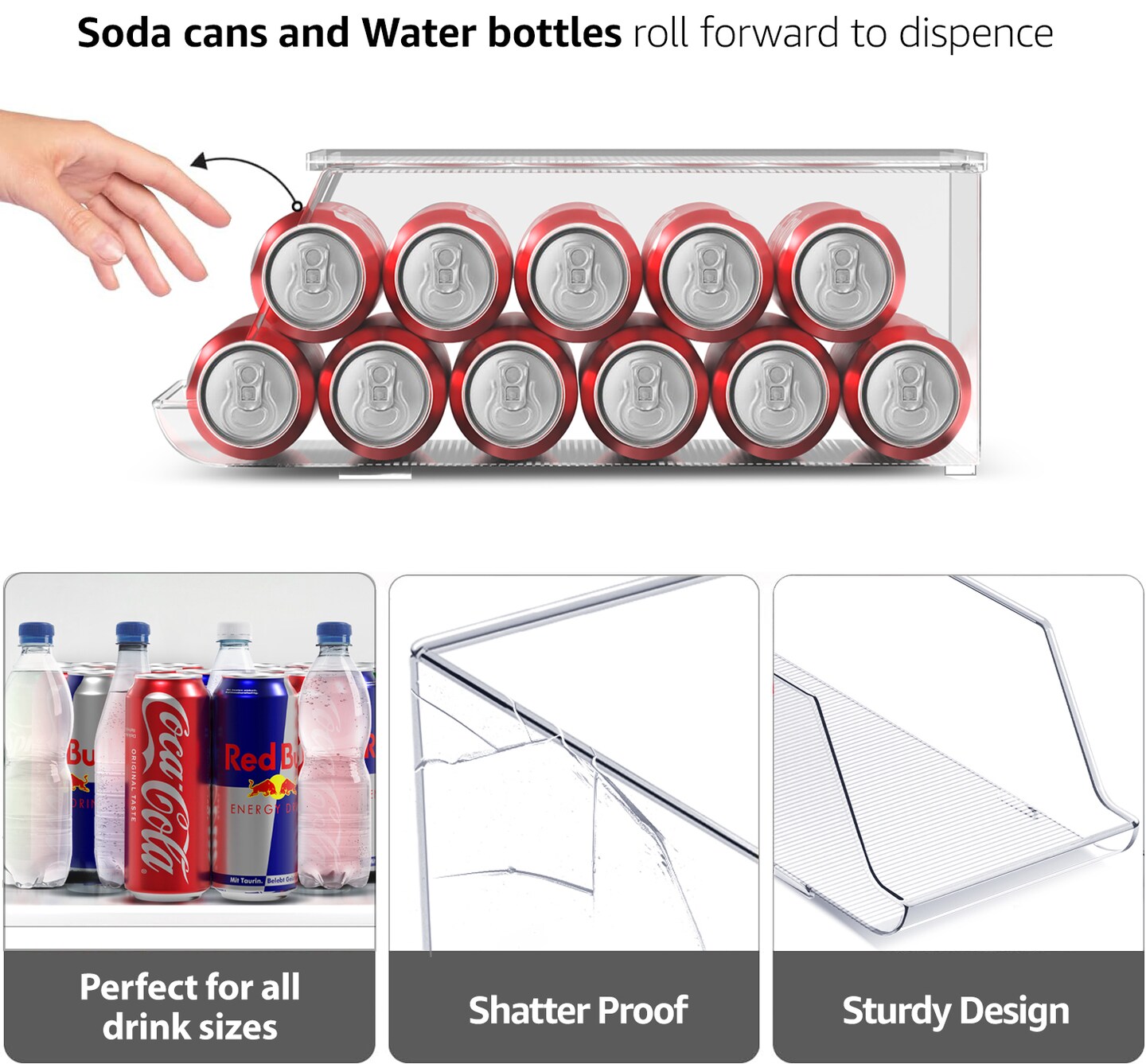 Sorbus Soda Can Organizer with Lids, 3 Variety Sizes: Standard Soda Cans Holder, Skinny Can Dispenser & Water Bottle Organizer