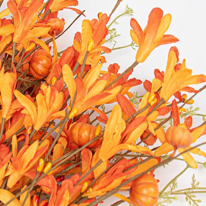 Artificial Fall Flowers 12 Pack: Fall Floral Picks with Pumpkins and Berries 17-inch Orange Forsythia Stems for Autumn Flower Arrangements Home Thanksgiving Decorations