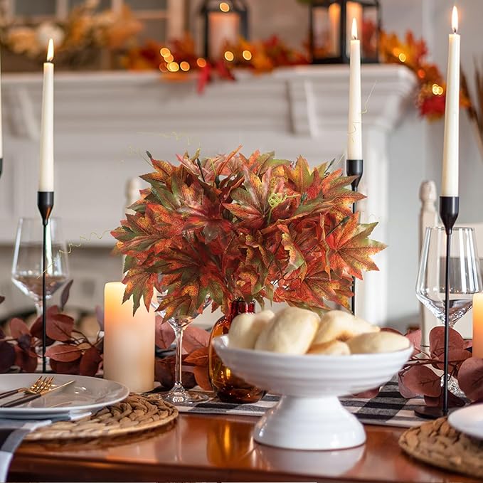 2 Artificial Silk Maple Leaf Shrubs Fake Fall Bushes Autumn Faux Plants with Stem for Indoor Outdoor Home Kitchen Wedding Thanksgiving Decor.