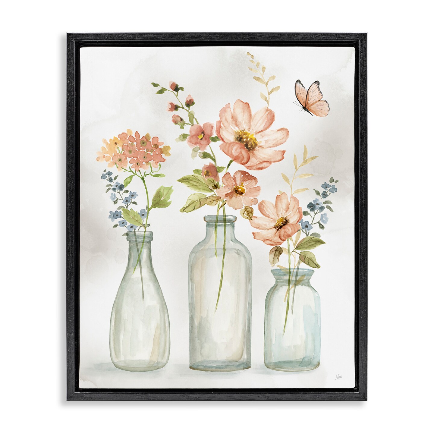 Stupell Industries Butterfly & Pink Florals Framed Floater Canvas Wall Art
