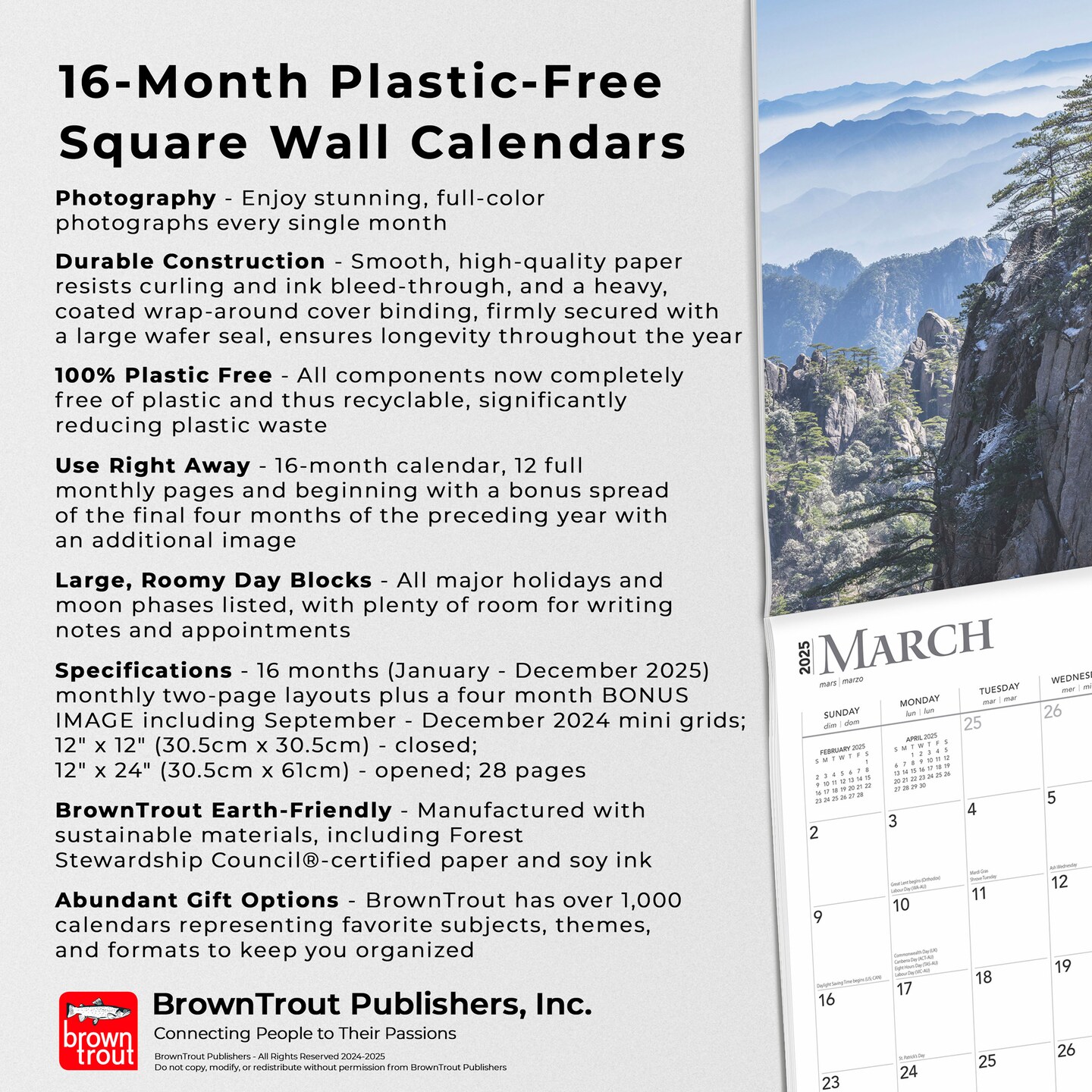 World&#x27;s Greatest Mountains | 2025 12 x 24 Inch Monthly Square Wall Calendar | Foil Stamped Cover | Plastic-Free | BrownTrout | Scenic Nature Photography