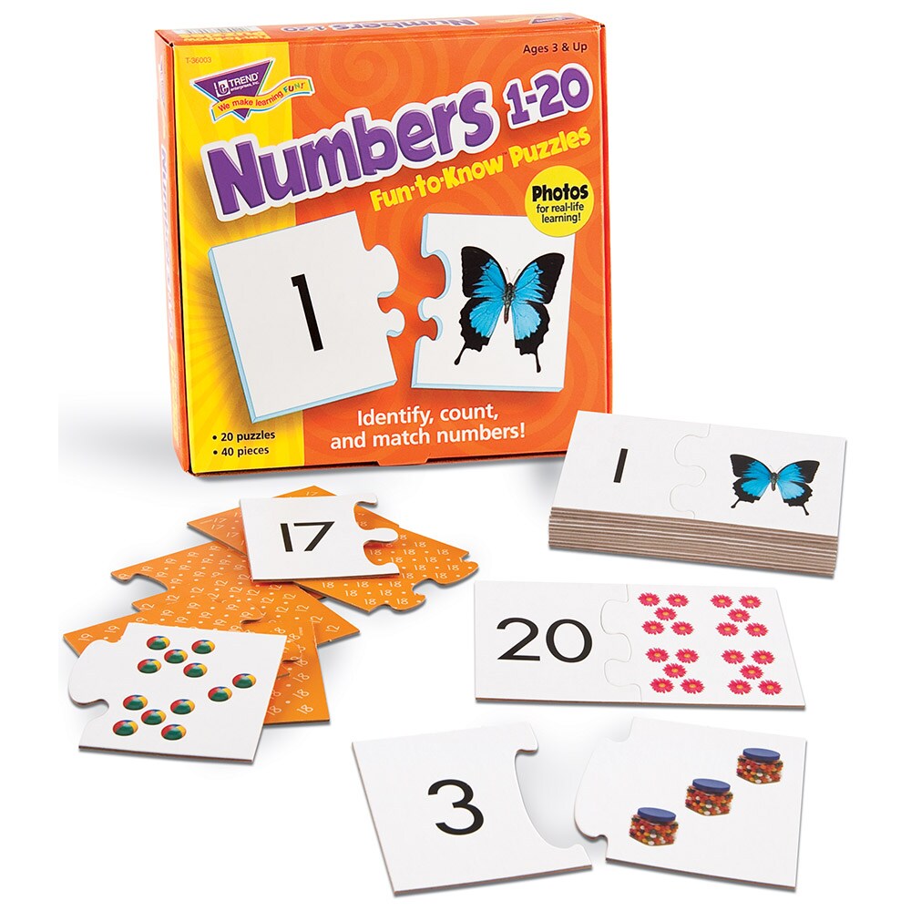 TREND ENTERPRISES, INC. Numbers 1 to 20 Two-Piece Puzzles, Assorted Themes, Set of 20