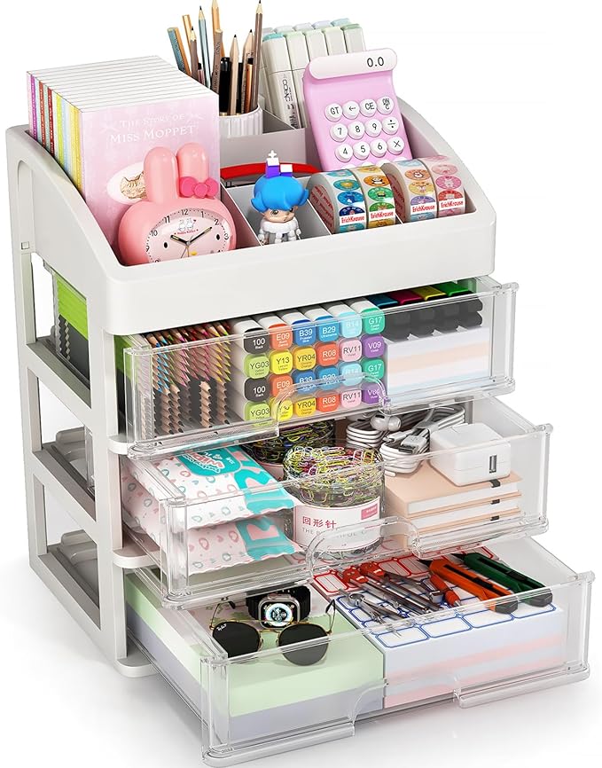 Desk Organizer with Drawers: 3 Drawer Storage Organizer, Desktop Storage Drawers for Office Supplies, Plastic Stationary Organizer, Makeup Organizer, Desk Storage Box for Office, School, and Home