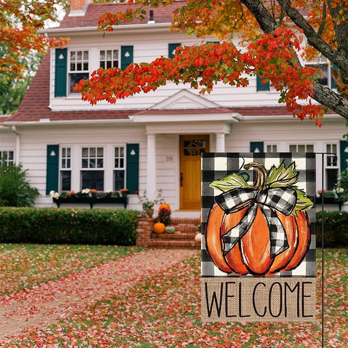 Fall Pumpkin Welcome Garden Flag Double Sided, Autumn Thanksgiving Holiday Harvest Buffalo Plaid Yard Outdoor Decoration 12x18 inches