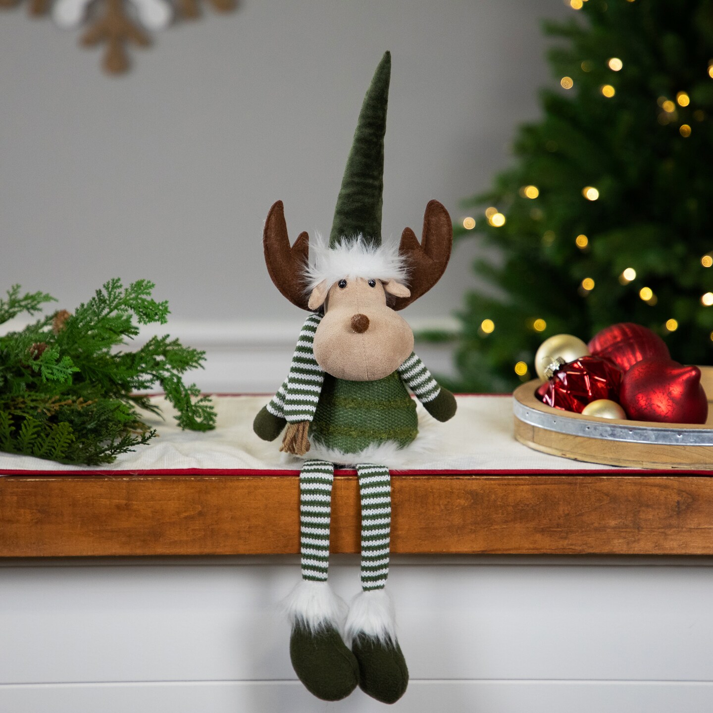 Northlight Dangling Striped Legs Sitting Moose Christmas Figure - 20&#x22; - Green and White