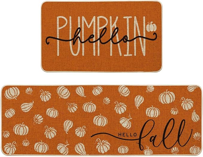 Orange Hello Pumpkin Fall Kitchen Mats Set of 2, Autumn Home Decor Low-Profile Kitchen Rugs for Floor (17x29 and 17x47 Inch)