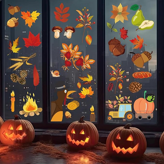 Autumn Window Clings for Glass Thanksgiving Clings for Windows Autumn Clings for Windows Fall Window Stickers Thanksgiving Autumn Home Office Decorations for Indoor and Outdoor Use, School Home Supplies