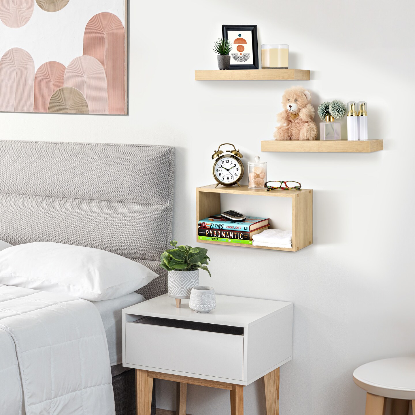 Sorbus Floating Shelves for Wall Set of 3 - Bathroom Shelves for Wall Storage, Over Toilet, Bedroom, Farmhouse, Wall Decor - 2 Floating Shelves with Invisible Brackets &#x26; 1 Rectangular Box