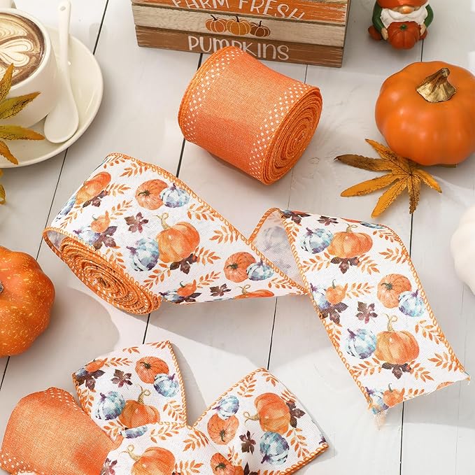 Fall Wired Edge Ribbon Watercolor Pumpkin Leaves Craft Ribbon Orange Fabric Ribbon for Autumn Thanksgiving Wreath Bow Making DIY Crafts Wrapping Party Decoration, 2 Rolls, 20 Yard