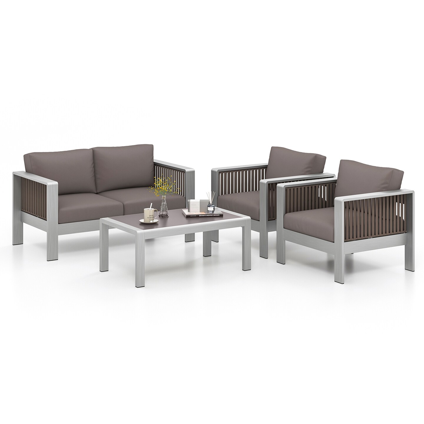 Costway 4 PCS Aluminum Patio Furniture Set with Thick Cushions &#x26; Tempered Glass Tabletop