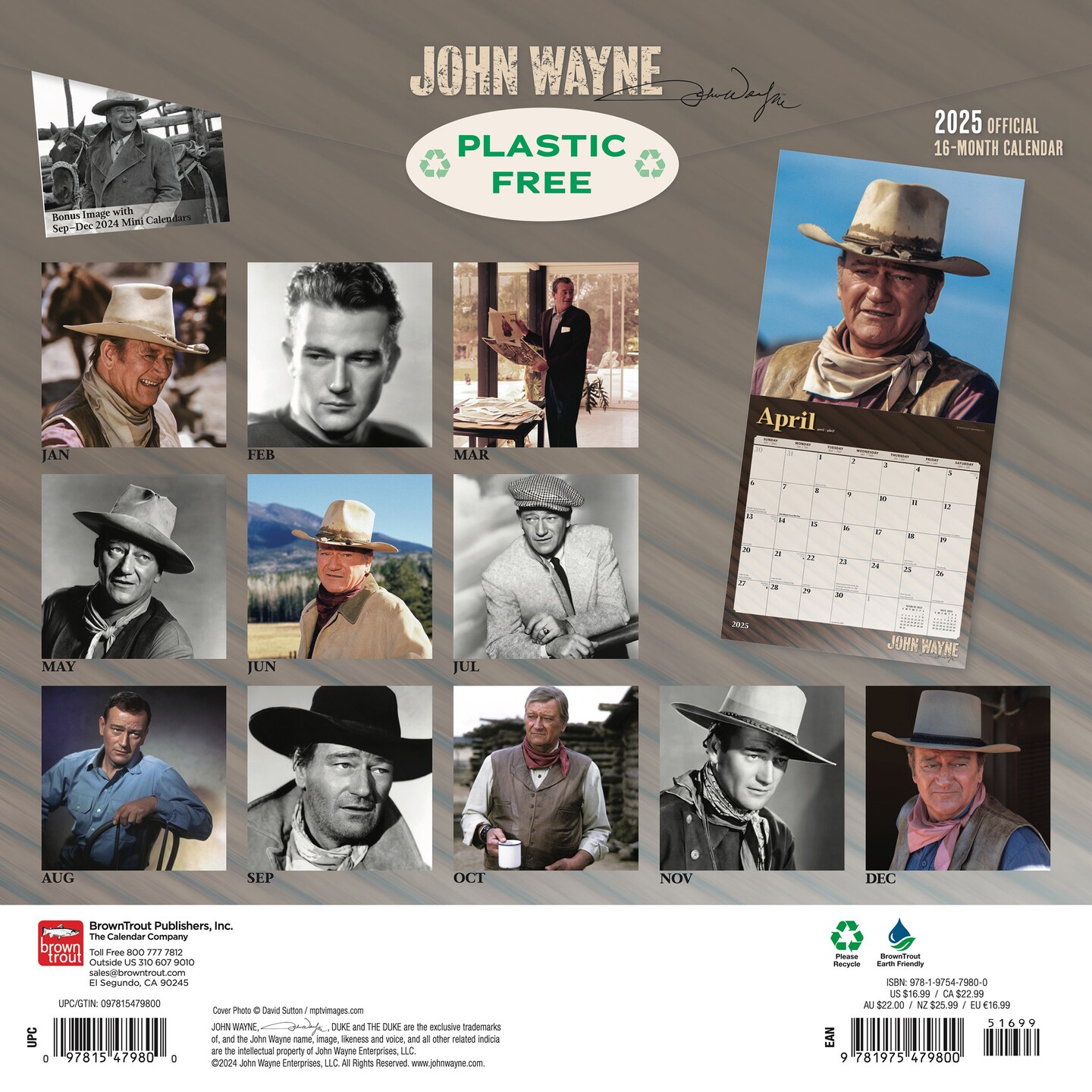 John Wayne OFFICIAL | 2025 12 x 24 Inch Monthly Square Wall Calendar | Foil Stamped Cover | Plastic-Free | BrownTrout | USA American Actor Celebrity Duke